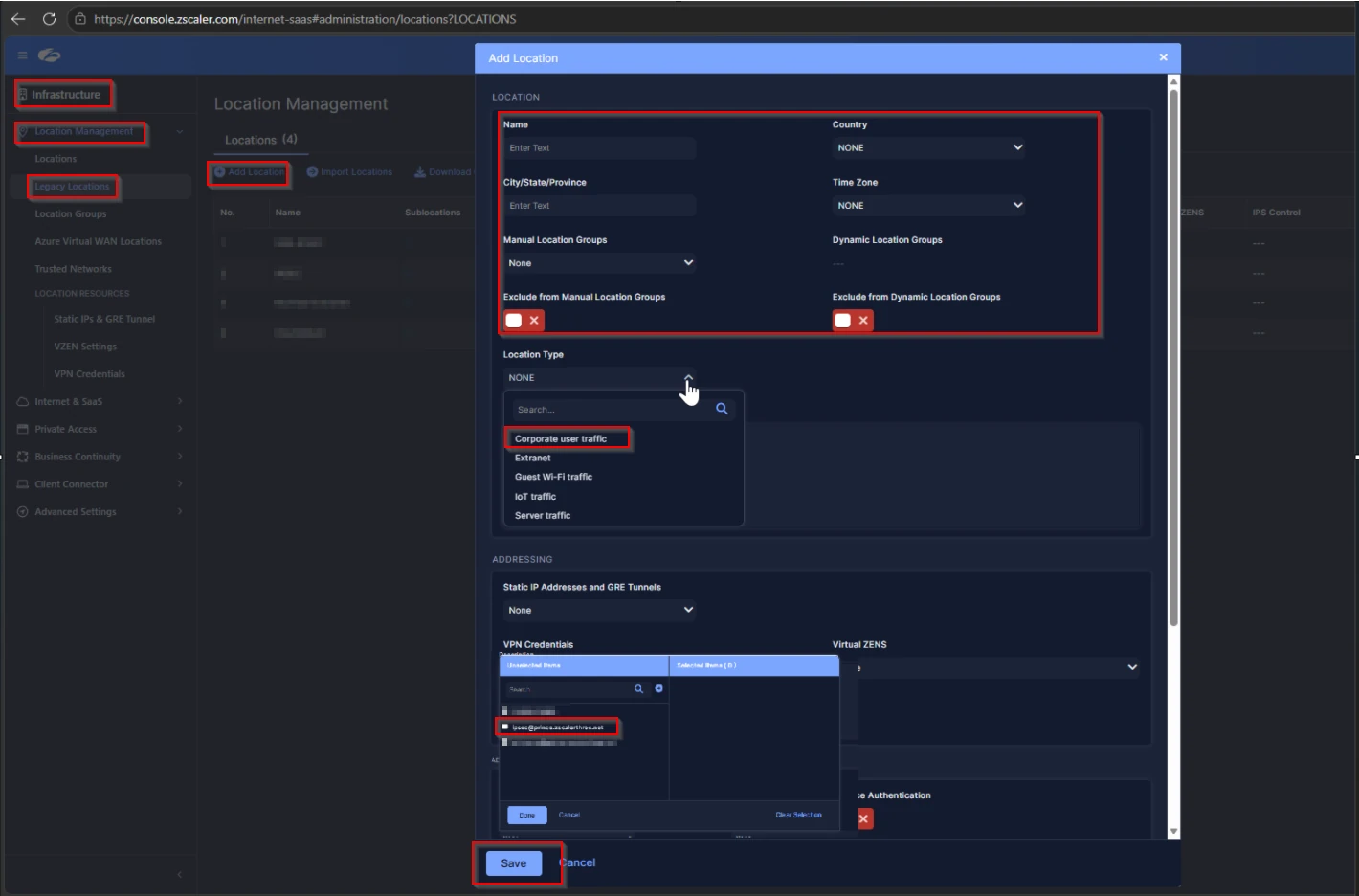 ZIA: Add Location dialog with VPN Credentials assigned