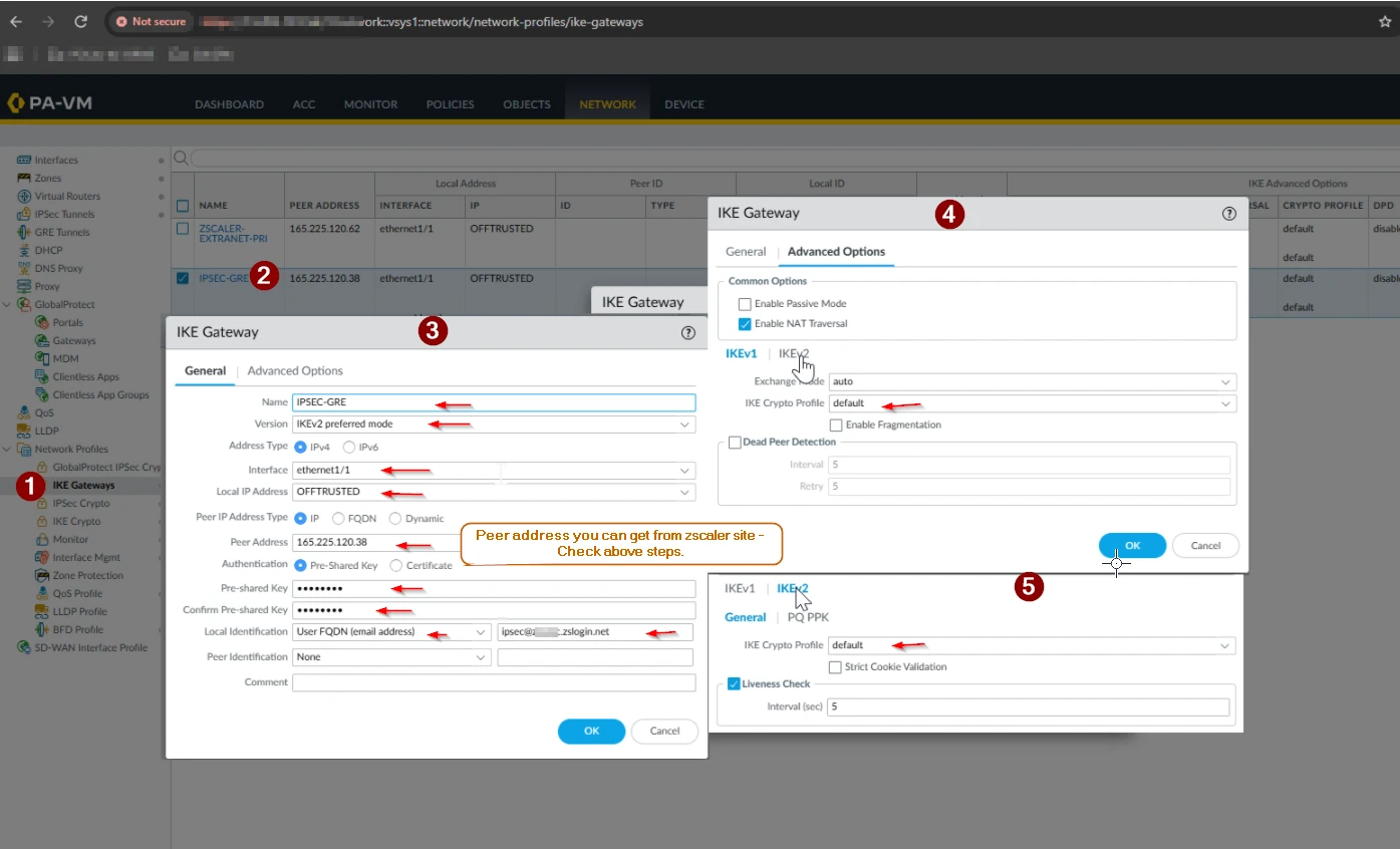 Palo Alto: IKE Gateway configuration (General and Advanced Options tabs)