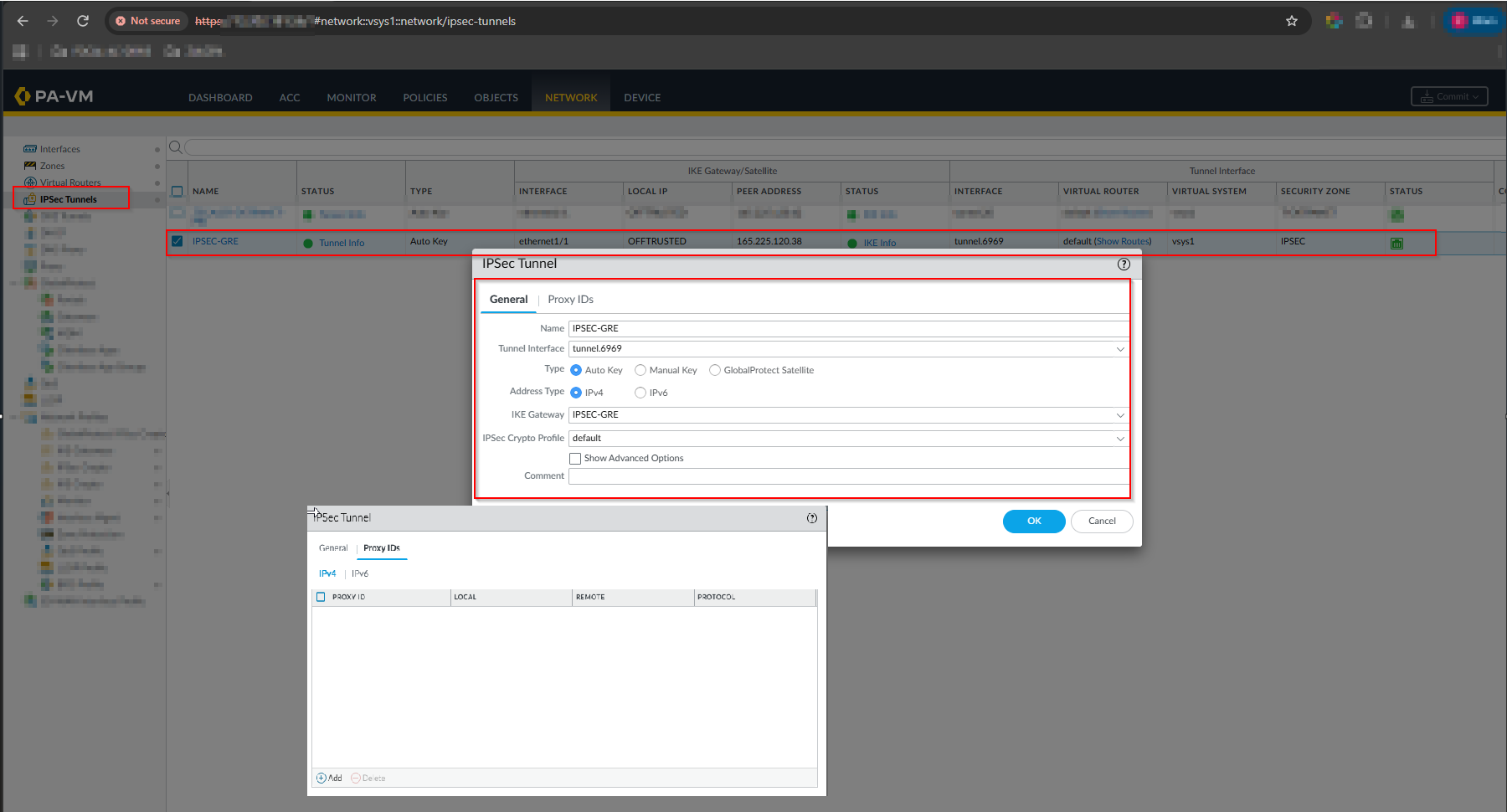 Palo Alto: IPsec Tunnel configuration (General tab and empty Proxy IDs tab)