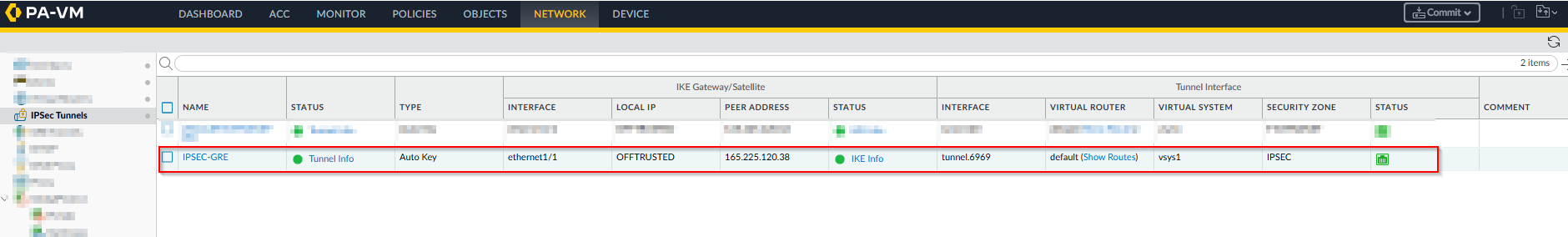 Palo Alto: IPsec Tunnels list showing IPSEC-GRE tunnel as active (green status)