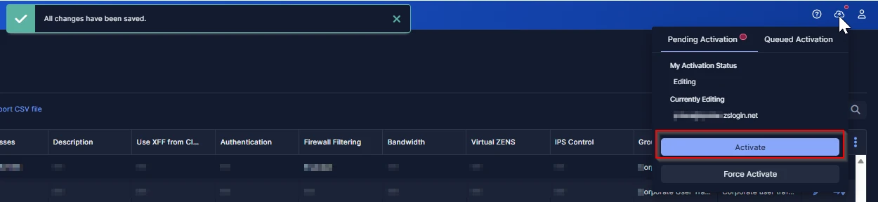ZIA: Activate button highlighted in the top-right toolbar