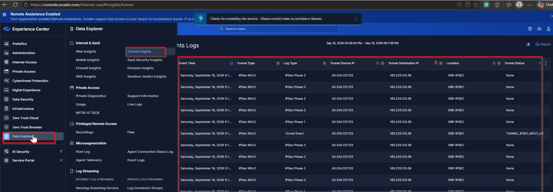 ZIA Data Explorer: Tunnel Insights showing IPsec IKEv2 Phase 1 & 2 events with TUNNEL_IPSEC_IKEV2_UP status