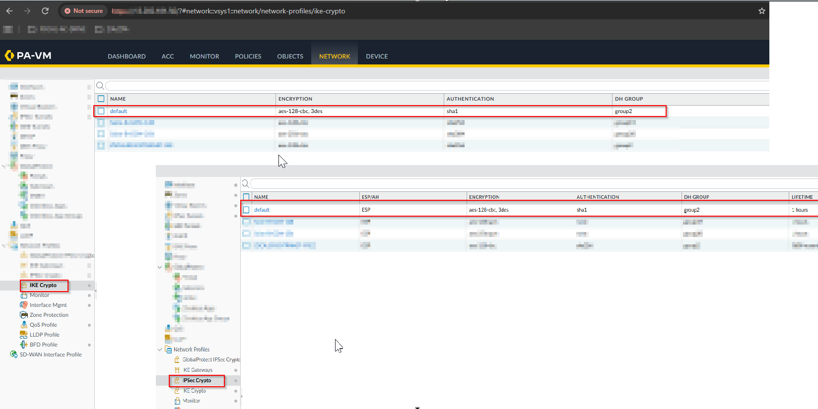 Palo Alto: Default IKE Crypto (top) and IPsec Crypto (bottom) profiles selected