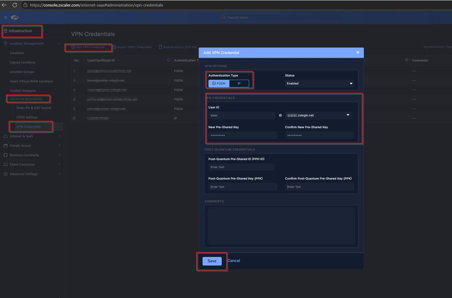 ZIA: Add VPN Credential dialog (FQDN authentication selected)